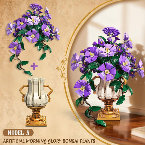 Set 2 1 12+ (1136PCS) CUBIMANA Flowers Botanicals Building with Vase - in Morning Glory Bonsai Building Blocks Plants