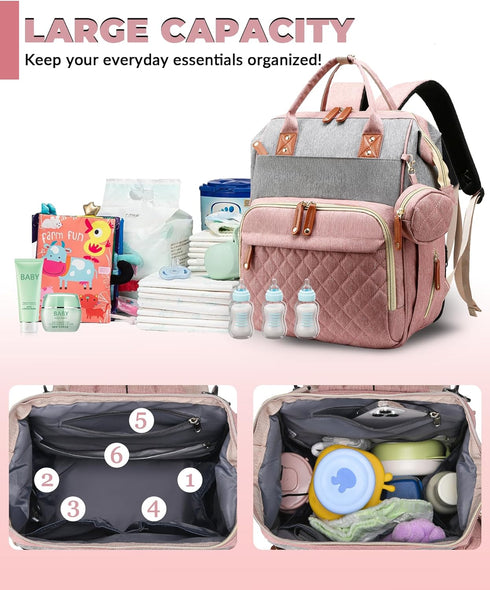 Backpack 18 Backpack Diaper Bag with Changing Station, Waterproof Large Capacity, Baby Bag for Mom & Dad, Pockets+USB