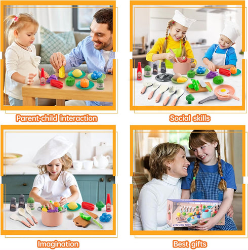 35Pcs Kids Kitchen Toy Accessories, Toddler Pretend Cooking Playset with Pots, Pans, and Food Set