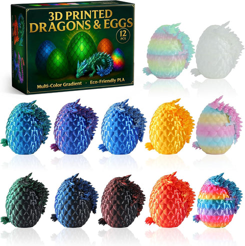 MiniMythos Toys 12 Pack 3D Printed Dragon Eggs with Dragons Inside, Mini Articulated Crystal