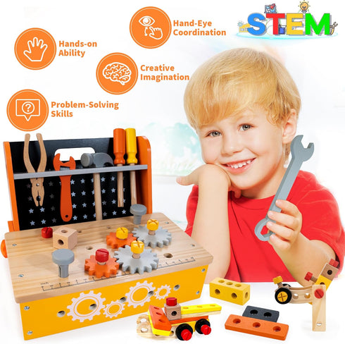 KIDWILL Wooden Tool Bench for Kids - 54-Piece Tool Set with 2-in-1 Workbench & Take-Along Kit, STEM Educational Toy