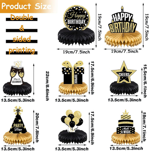 8 Pieces Happy Birthday Party Decorations Supplies, Birthday Honeycomb Centerpieces Table Toppers, Black and Gold