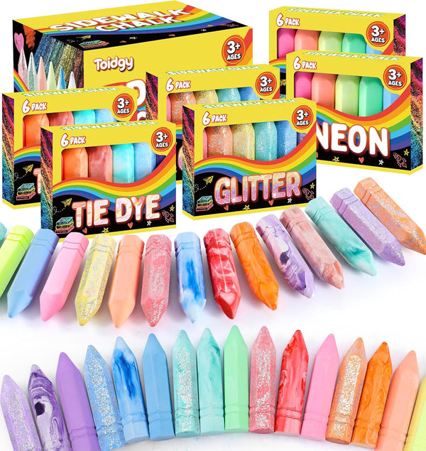 36 PCS Sidewalk Chalk for Kids, 18 Colors Nontoxic Washable Bulk for Outdoor Painting on Chalkboard