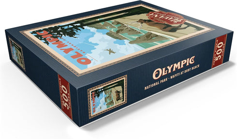 MyPuzzle Olympic National Park - Wapiti at Ruby Beach Vintage Travel Poster, Premium 500 Piece Puzzle