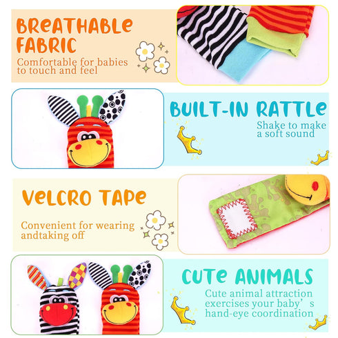 Wrist Rattle Foot Finder Socks Set - Newborn Soft Sensory Toys, Baby Rattles for 0-3 6-12 Months