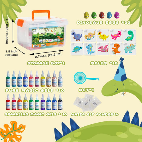 Magic Water Elf Toy Kit - Aqua Fairy Water Gel Kit with 20 Magic Gels & 10 Dinosaur Molds, DIY STEM Kits for Kids