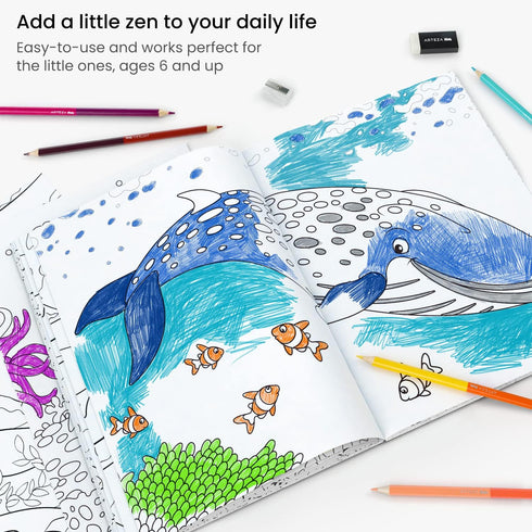 Arteza Kids Coloring Book and Pencils Kit, 8.5x11 Inches, Sea Creature Illustrations, 50 Sheets, 12 Colored Pencils
