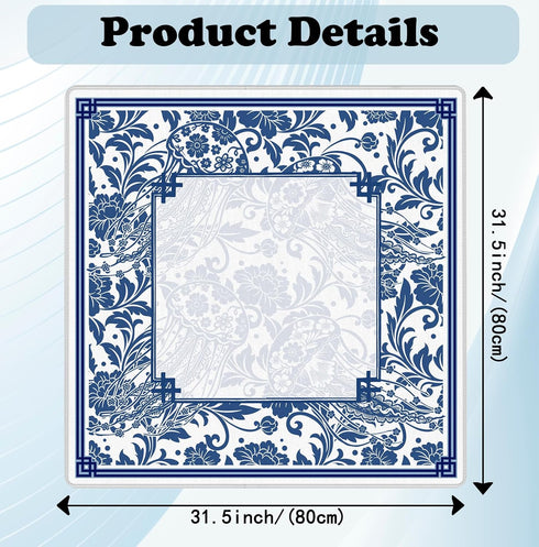 31.5" 31.5", Blue Chinoiserie Mahjong Mat x Vintage Blue Floral Non-Slip Noise Reduction Mahjong Table Cover
