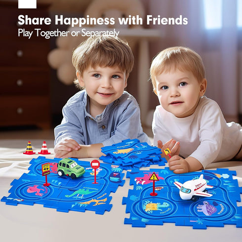 Puzzle Racer Kids Car Track Set, Dinosaur Jigsaw Puzzle Track for 3-5 Year Old Boys, Educational Learning Toy