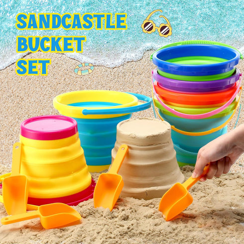 12 Pcs Foldable Pail Bucket with 12 Shovels, 2.5 L Collapsible Sand Buckets for Beach Toys, Colorful