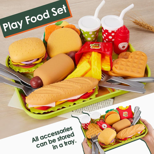 BUYGER Fast Food Play Food Toys for Kids, Toddler Kitchen Accessories Playset, Plastic Toy Food Sets for Pretend Play