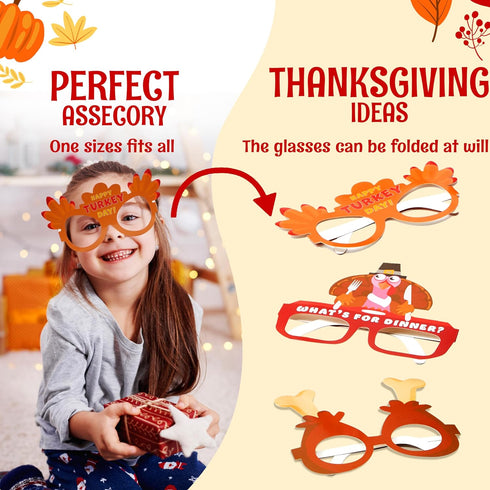 JOYIN 24 Pcs Thanksgiving Turkey Eyeglasses, Pumpkin Maple Leaves Photo Props for Kids Thanksgiving Party