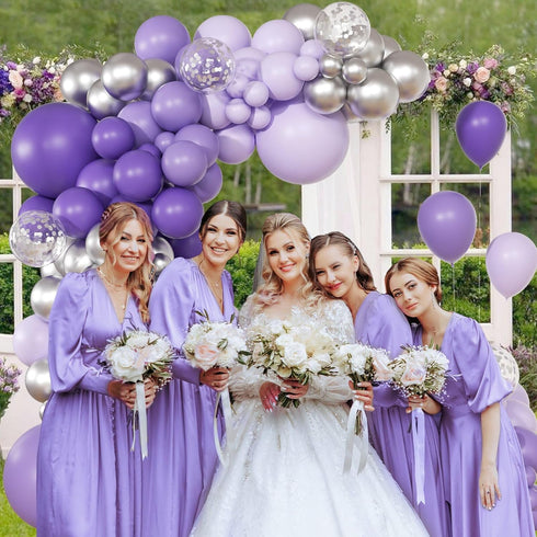 147pcs Purple Balloon Garland Arch Kit, Different Sizes with Dark Purple Light Purple Metallic Silver Confetti Lavender