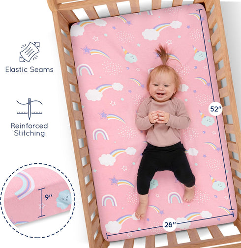 (3 Pack) Set GROW WILD Unicorns & Rainbows Fitted Crib Sheets Girl - Soft Jersey Cotton Fitted Sheet, Toddler Bed