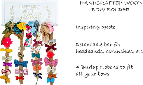 White Wood Hair Bow Holder Organizer for Girls - Burlap Ribbons for Headbands, Hair Ties, Bows Storage