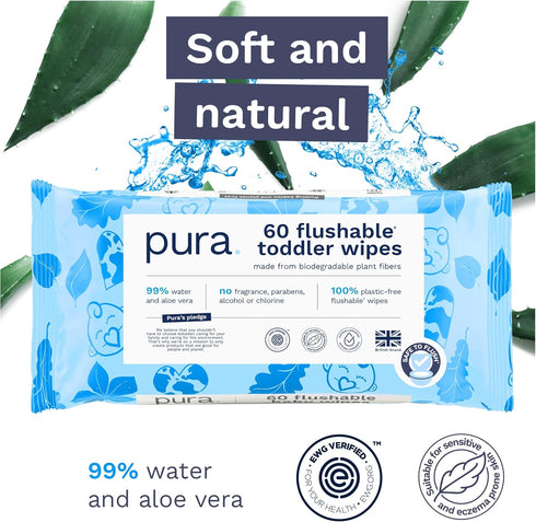 Pura Flushable Toddler Wipes 10 x 60 Wipes, 100% Plastic Free, Hypoallergenic & Fragrance Free