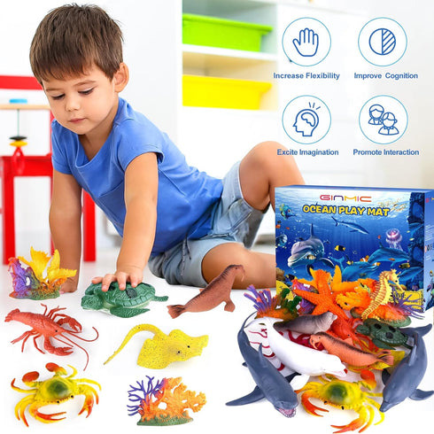 18 Pack 3-8 GINMIC Kids Ocean Animals Toys with Large Play Mat , Assorted Realistic Sea Animal Toys with Carrier Bag