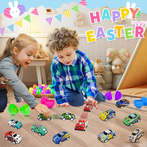 24 Pack Prefilled Easter Eggs with Pull Back Cars, Easter Basket Stuffers Toys Colorful Racing Vehicle for Kids Boys