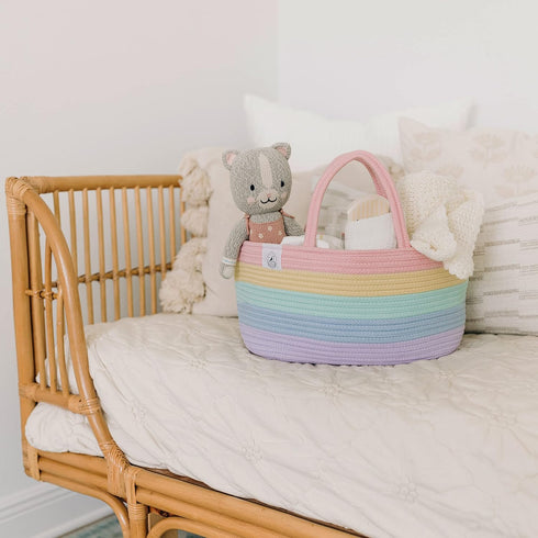 OrganiHaus Pastel Rainbow Nursery Storage Basket, Cotton Rope Toy & Diaper Caddy Organizer with Handles, Baby Diaper
