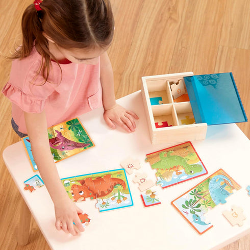 B. toys Pack o' Puzzles 3-Pack - Wooden Puzzle Box Set with 12 Puzzles: Pets, Dinos & Trucks for Kids 3 Years +