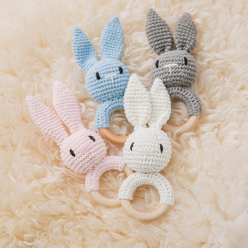 WOODEN TEETHER Crochet Baby Rattle, Crochet Baby Toys, Easter Bunny Rattle, Newborn Animal Rattle ToysKnitted Stuffed