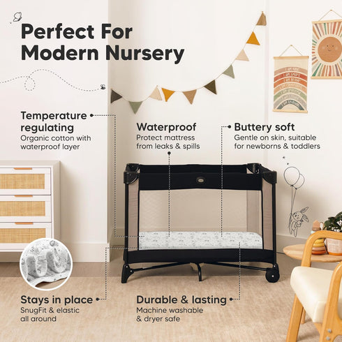 2 Pack 38x26 Pack Pack and Play Sheets, Waterproof Mini Crib Sheets Fitted - Organic Cotton N Play Sheets for Graco