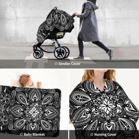 Hcpwzrf Black White Paisley Baby Car Seat Cover & Nursing Cover - Breathable Stretch Multi-Use Cover for Breastfeeding