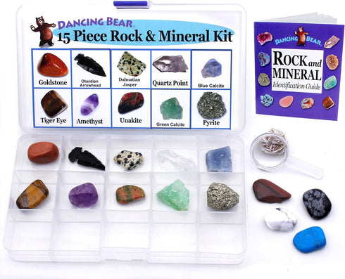 DANCING BEAR 15 Pc Rock & Mineral Collection, Beginner Starter Set for Kids' Gemstone Education