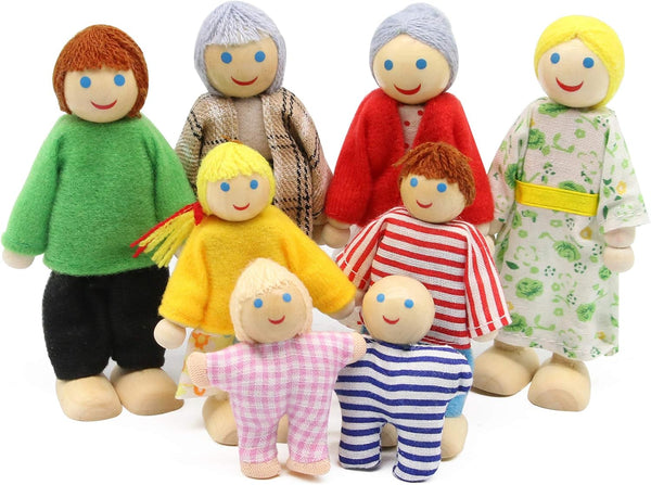 Lovely Happy Dollhouse Dolls Family Set - 8 Wooden Figures for Children House Pretend Gift