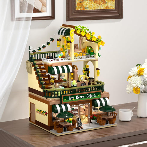 City Coffee House Building Set with Light, 1173 PCS Cafe Shop Building Block Toy with Ordering Counter and Baking Room