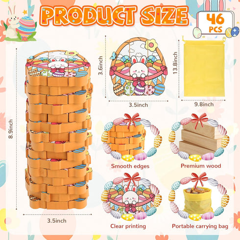 Y-FABKKI Easter Wooden Blocks Stacking Games, Bunny Egg Basket Theme Tumbling Tower and Balance Game for Adults, Kids