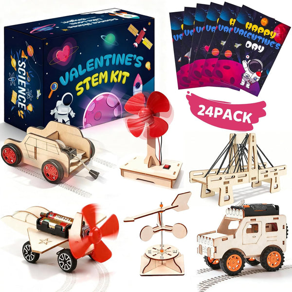 RISFUNIA Valentines Gifts for Kids Classroom, 24 Pack Wooden STEM Kits, Kids Valentines