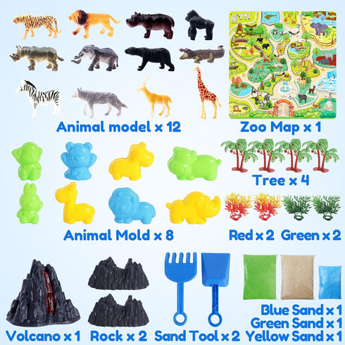 2.2lbs Set 35pcs 3+ Billeeit Animal Sensory Bin Sand Toy, Play Sand Kit w/lid and Moldable Sensory Sand, Molds, Tools
