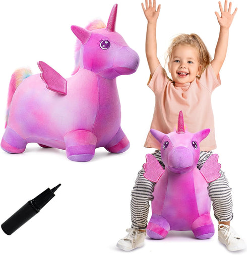 Unicorn Bouncy Horse Toys for 1-3 Year Old Girls, Plush Ride On Bouncy Animal for Indoor Outdoor Play