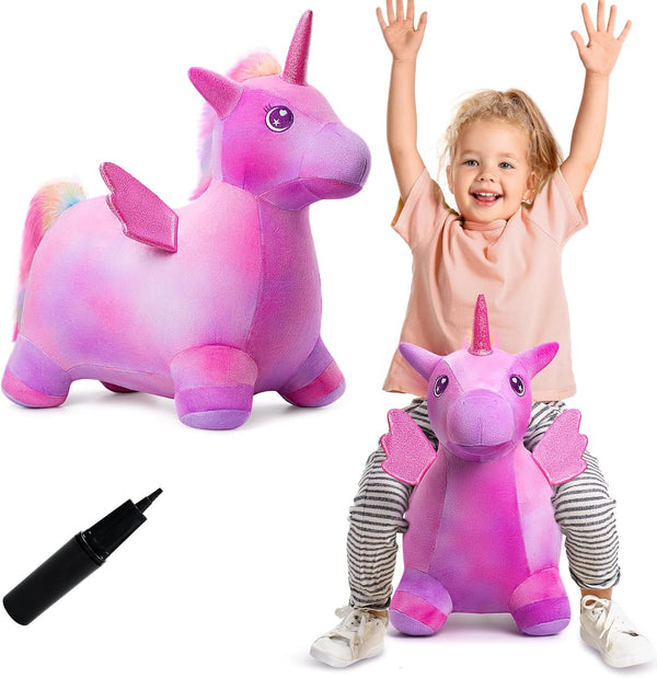 Unicorn Bouncy Horse Toys for 1-3 Year Old Girls, Plush Ride On Bouncy Animal for Indoor Outdoor Play