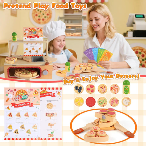 iLuckinSpri Set 68PCS Counter Playset 3+ Wooden Pizza Toy for Kids, Montessori Pretend Play Food Toys, Wooden Pizza