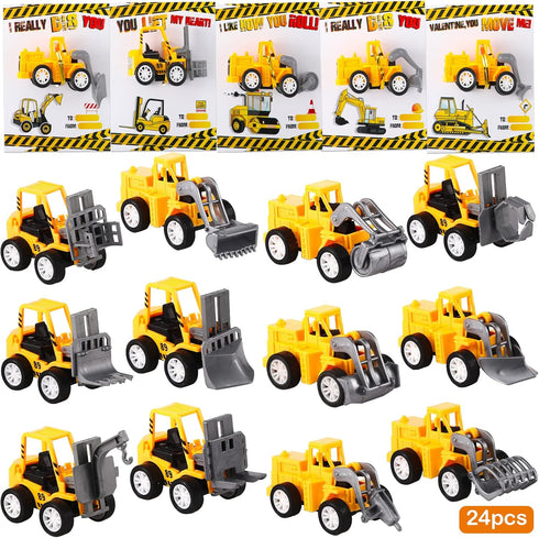 Roowest 24 Set Valentine's Day Gifts for Kids Bulk Construction Vehicle Valentines