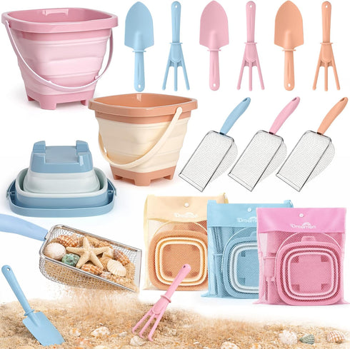 Beach Sand Toys Mesh Shovel Set for Kids, 3 Pack Collapsible Sand