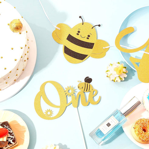 Tatuo Happy 1st Bee Day Party Decorations, Gold Glitter Banner and Cake Topper for First Birthday Supplies