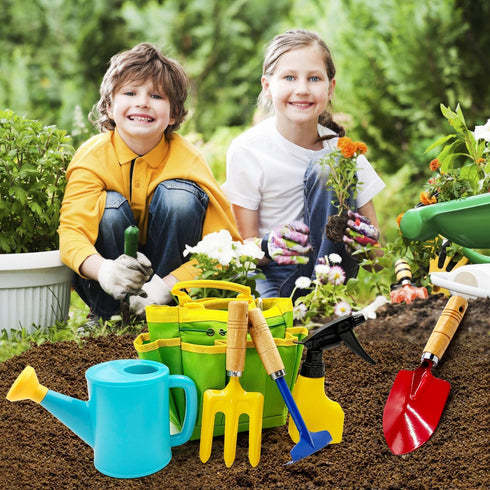 liamasum Set Kids Gardening Tools Includes Toddler Gardening Gloves, Sturdy Tote Bag, Watering Can, Shovel, Rake