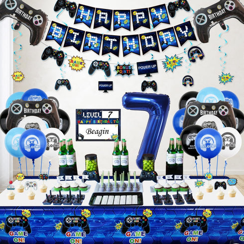 Video Game Party Decorations for 7th Birthday, HAPPY BIRTHDAY Banner, Balloons, Gaming Supplies