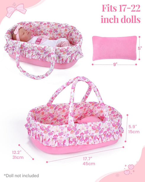 2 17-22 Inch BABESIDE Pcs Reborn Baby Doll Accessories, Pink Floral Baby Doll Bassinet with Pillow and Built