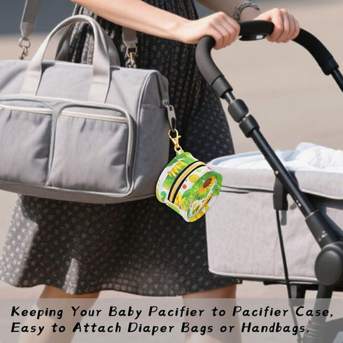 PYBUG Sunflower Round Pacifier Storage Case, Polyester & TPU Lined with Hook Buckle, Pacifier Container Box for Baby