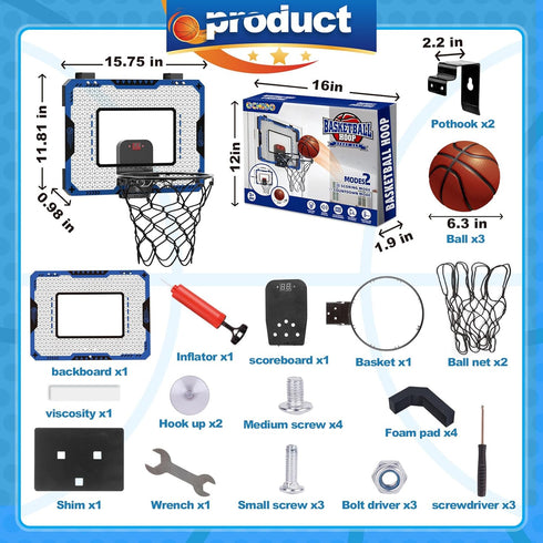Indoor Basketball Hoop for Kids Age 5-10 - Over The Door Mini Hoop with Electronic Scoreboard & 3 Balls