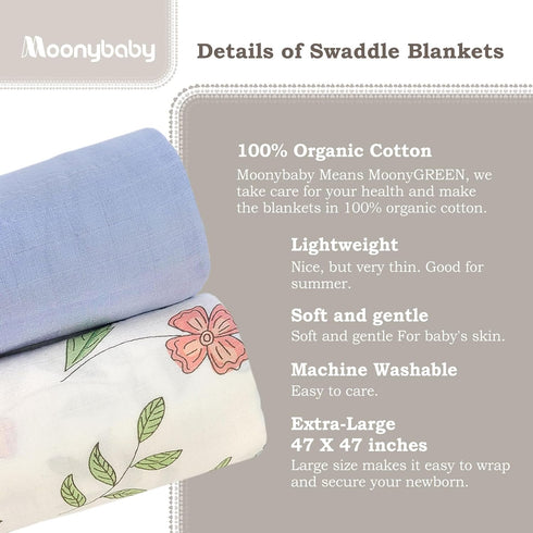 Moonybaby - Blankets, Set of 2, 100% Organic Cotton Swaddle, Stroller, Receiving Blankets (Blue + Flower), 47x47 Inch (Pack of 2) by Moonybaby