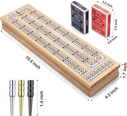 15'' 3 Set, 2 Vamslove Magnetic Cribbage Board Wooden Folding Track Game w/Instruction, Storage Slots for Playing