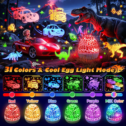 6HD Films+15 Sounds+31 Control+360Rotating 1-3 4-7 1-8 PIKOY Toddler Toy Cars Toy Projector | Colors+Remote | Egg Light