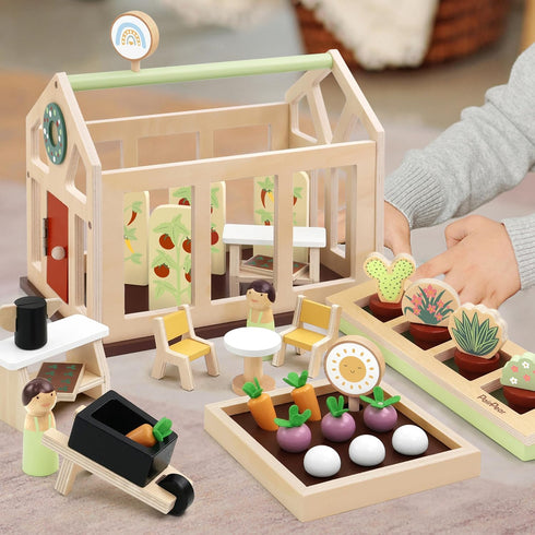PairPear Flower Garden Toy Greenhouse Playset, Toddlers Wooden Dollhouse Garden Toys, Pretend Play Food Set for 3 Years