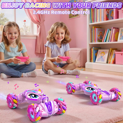 ZHYLLO 6-8-12, 2.4Ghz 4WD 6 7 8 9 10 11 12+ Unicorn Remote Control Car for Girls Age Pink RC Gesture Sensing Stunt