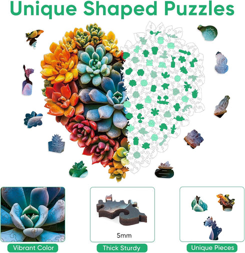 500 (17.4"*17.1") Ruikiyart Wooden Puzzles for Adults, Pieces Succulent Heart Wood Jigsaw Puzzle, Plant Unique Shaped
